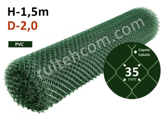 Сетка заборная, рулонная, (рабица 35*35мм), Ø2,00мм, h=1,50м L=10м, сталь оцинкованная с ПВХ покрытием, зеленая
