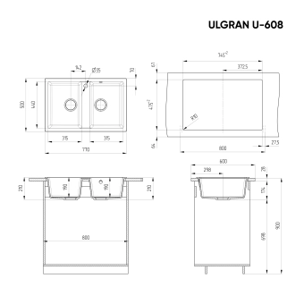Кухонная мойка ULGRAN U-608 двухсекционная с отверстием под смеситель-344 Ультра СЕРАЯ 608-310